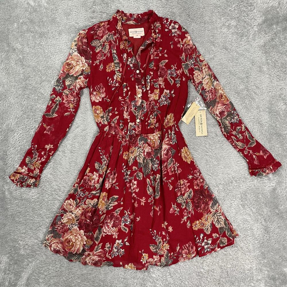 Denim & Supply Ralph Lauren Shirt Dress Womens XS Red Floral Ruffle Chiffon